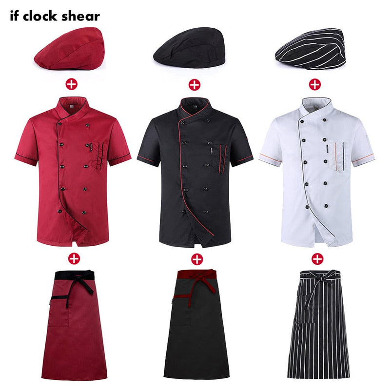 2019 Chefs Short Sleeve Summer Set Restaurant Hotel Kitchen Workwear Men and Women Youth Breathable Thin Jacket + Hat + Apron 0 Paneshopping.com 