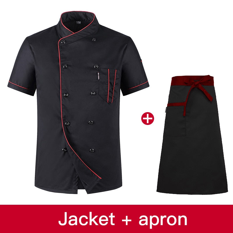 2019 Chefs Short Sleeve Summer Set Restaurant Hotel Kitchen Workwear Men and Women Youth Breathable Thin Jacket + Hat + Apron 0 Paneshopping.com jacket apron M 