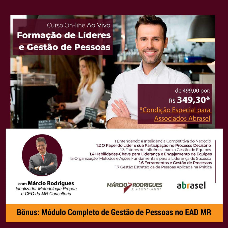 (Afiliados Abrasel) Curso ON LINE Ao Vivo Formação de Líderes e Gestão de Pessoas Metodologia PROPAN Paneshopping.com 